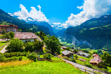 Traditional houses, Lauterbrunnen valley, Switzerland - obrazy, fototapety, plakaty