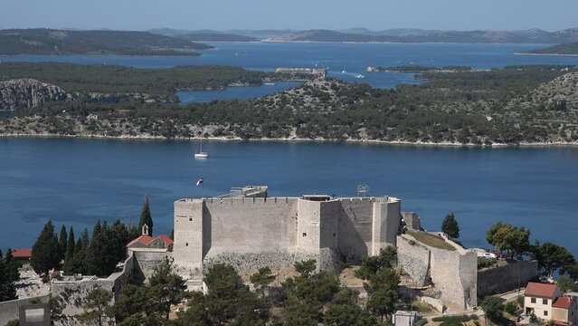 The fortresses of the city of &Scaron;ibenik and the view of the estuary of the Krka river into the sea