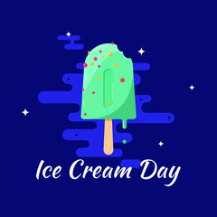 Ice cream day banner. Cute flat vector illustration for social media, postcards. Sweet blue fruit ice cream on stick isolated on dark background. Tasty festive concept. Bright colors