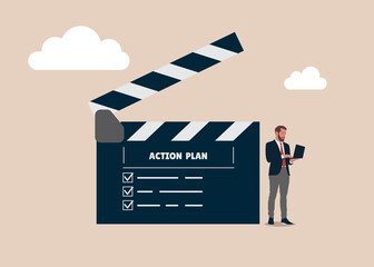 Entrepreneur with laptop and director clapboard or slate listing action plan steps. Action plan with checklist step by step of business implementation, procedure or strategy plan to finish project.