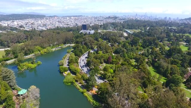 Aerial over San Francisco Golden Gate Park with downtown in distance