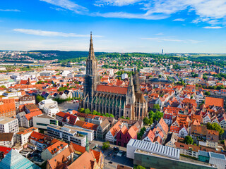 Fototapeta na wymiar Ulm Minster Church aerial panoramic view, Germany