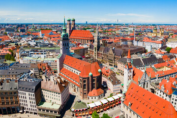 Marienplatz aerial panoramic view in Munich city, Germany