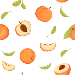 Seamless pattern with peaches, set of vector peaches. Summer fruit collection. Fresh garden fruit doodle, organic organic vegan products.