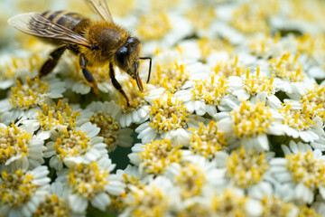European honey bee (Apis mellifera) on an yellow flower. Macro photo of the specie with focus on the head.