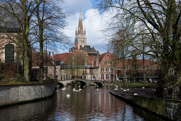 Naklejka premium Bruges, Belgium – March 2018 – Architectural detail of the city of Bruges, the capital and largest city of the province of West Flanders in the northwest of the country