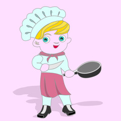 little cook with a frying pan and a knife, vector drawing.