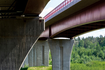 Under concrete bridge construction. freeway transportation and urban view concept