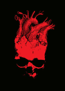 human skull in the form of a heart with red blood stains. Graphic print for clothing, fabric, wallpaper, wrapping paper, design element for halloween
