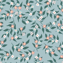 Seamless pattern of a little flowers and branch with leaves. Abstract small flower patter. Vector illustration.