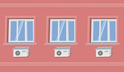 air conditioner on red building facade with windows vector flat illustration