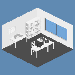 Flat isometric office, table, computer working space