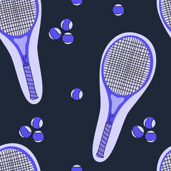 Seamless pattern with tennis rackets and balls. Sport equipment. Healthy lifestyle concept. Vector illustration.