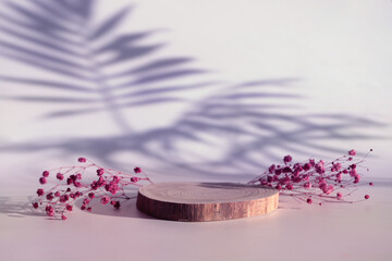 A round wooden felled cylindrical tree on a beige background with small red flowers and the shadow...