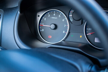 Fuel gauge gas empty. Car tank low petrol meter indicator on dashboard. Gas gauge fuel level.