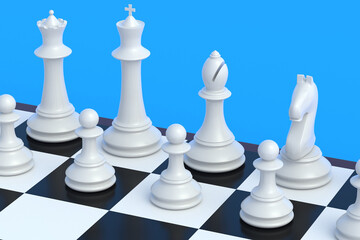 White chess figures on chess board. Table games. International tournament. Hobby and leisure. 3d render