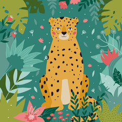 Funny leopard with tropical flowers and plants. Hand drawn palm leaves. Doodle jungle animal. Flat style vector illustration.