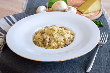 Mushroom risotto with parmesan cheese.