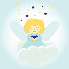 Vector illustration of angel with heart in hands. Heart with Ukrainian flag.