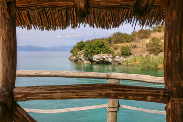 Interior of the Museum of the Bay of Bones, in North Macedonia, reconstruction of the settlement of...