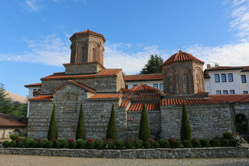 Saint Naum Monastery in North Macedonia with a blue cloudless sky