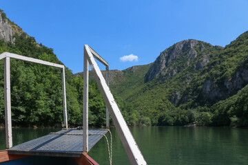 Canyon Matka in North Macedonia, the oldest artificial lake in the country seen from a boat