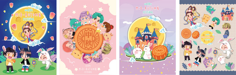 Cute mid autumn festival poster with family admiring the full moon and sky lanterns together, happy holiday written in chinese words 