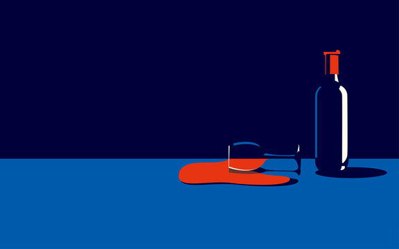 Vector illustration of a bottle of wine and a spilled glass with red wine next to it in a minimal style.