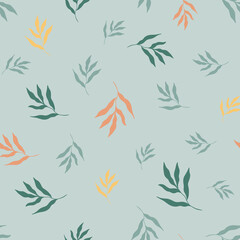 illustration of colorful leaves of tropical plants forming seamless pattern on light blue background