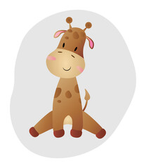 Cartoon little giraffe character standing on an abstract gray background. Vector illustration for the design of T-shirts, prints, covers, graphics, posters.