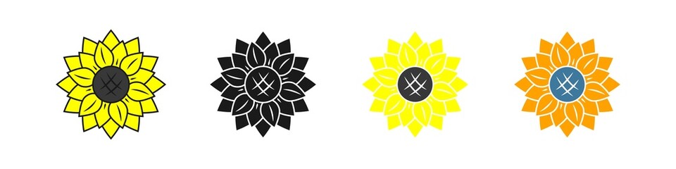 Set of colored flower or sunflower icons. Vector drawing of a flower in yellow and black colors.