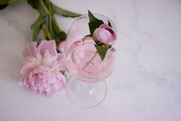 Rose wine, peony flower on a light background