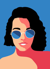 Fashion portrait of a model girl in sunglasses. Poster or flyer in trendy retro colors. Silhouette of multiethnic women. Communication and friendship women or girls of diverse cultures.