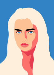 Fashion portrait of a model girl in sunglasses. Poster or flyer in trendy retro colors. Silhouette of multiethnic women. Communication and friendship women or girls of diverse cultures.