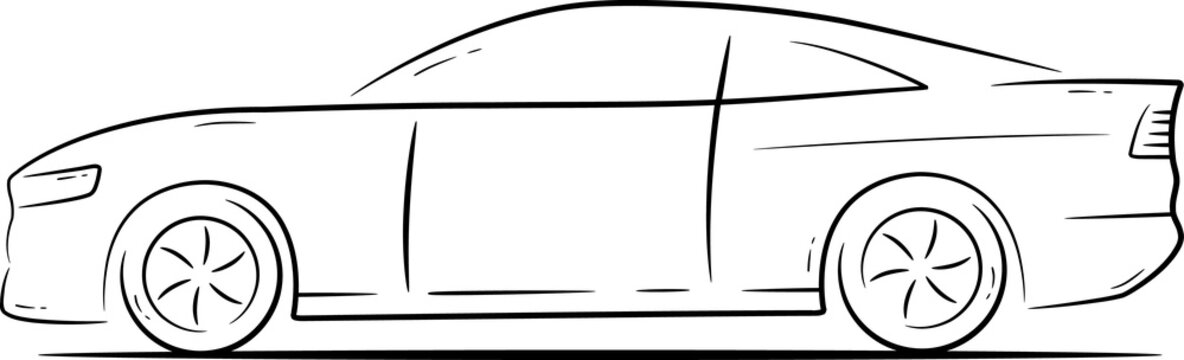 Sketch of a sports fast car from thin black lines on a white background. Simple vector drawing of a car.