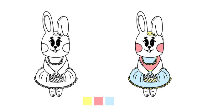 Coloring page outline of cartoon cute little girl rabbit. Colorful vector illustration, summer coloring book for kids.