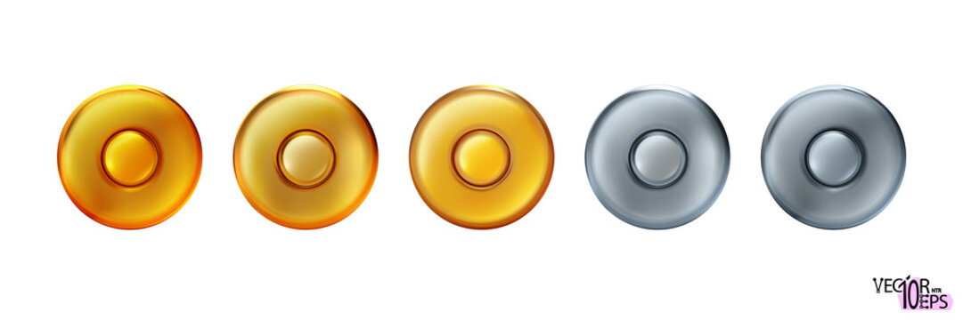 Set capsule off bullets icon gold and silver. Weapon rim and primer small arms cartridges, base. Vector