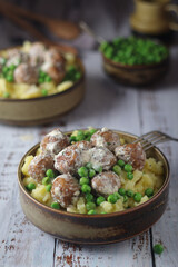 Swedish meatballs with mashed potato side dish - typical dish of Swedish cuisine