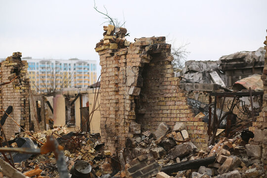 Destroyed building of a private house in Bucha after russian army bombing, shooting and shelling