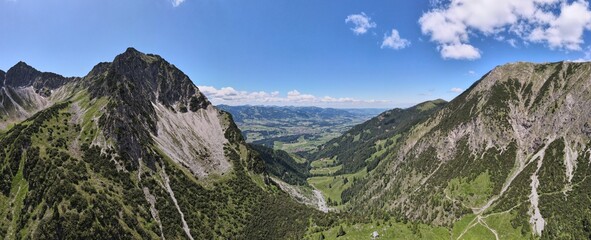 Fototapeta na wymiar Mountain range with green parts of bushes. Oberstdorf, Alps.