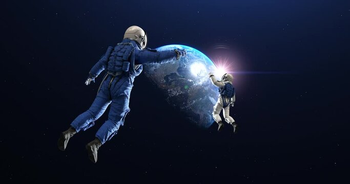 Group Of Astronauts Space Walking. Calm Majestic Planet Earth Scene. Space And Technology Related 4K 3D Animation.