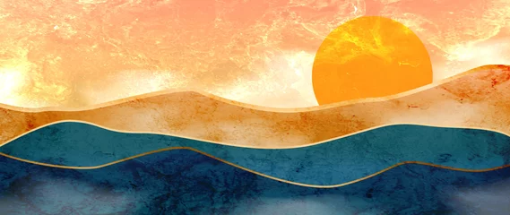 Foto op Canvas Landschapsachtergrond in een waterverfstijl met bergen en heuvels bij zonsopgang of zonsondergang. Vectorinktkunstbanner voor decor, print, behang, interieurontwerp © VectorART