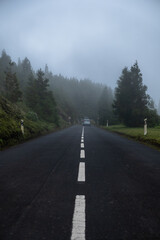 Fototapeta premium Road trip with a car driving though the road with fog and mist. Exploring the Azorean nature. Sete Cidades, Island of São Miguel in the Azores, Portugal.