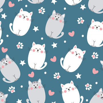 Seamless pattern with cats. Vector illustration with cute cats, paws, hearts and stars. It can be used for wallpapers, wrapping, cards, patterns for clothes and other.