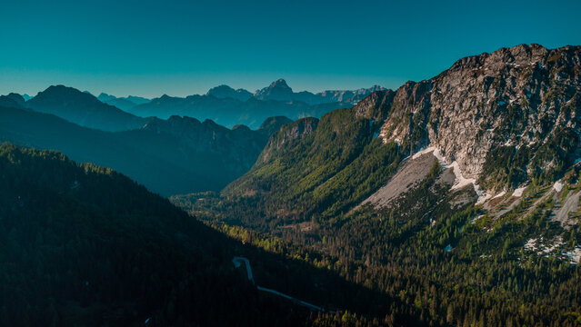 Drone view of Early morning valley of Pontebba , just close to Nassfeld in Austria. Beautiful mountain lake in clean nature.