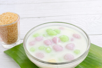 Thai dessert with colorful flour, milk and egg, rainbow tapioca Famous Thai dessert, Bualoy