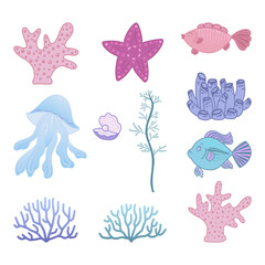Cartoon inhabitants of the underwater world. Corals, fish, algae, starfish, jellyfish, clam, shell with pearl. Design elements. Vector.