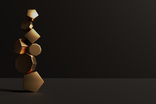 Abstract 3D Render Design Ready Template With Black And Gold Objects