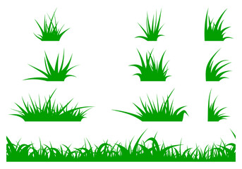 Green grass silhouette icon set. Vector illustration isolated on white background.