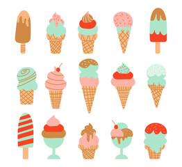 Tasty colorful ice cream set. Collection ice-cream cones and Popsicle with different topping isolated on white background. Vector illustration for web design or print EPS